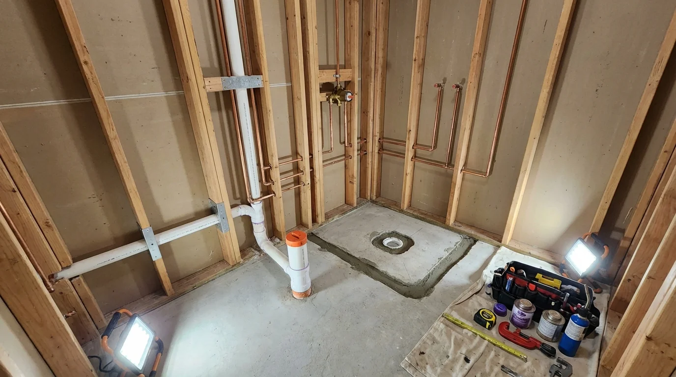 Bathroom rough-in plumbing during remodel by Johns Plumbing LLC in Hudsonville