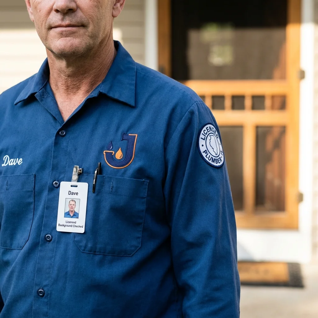 Licensed plumber showing ID badge in Hudsonville, MI