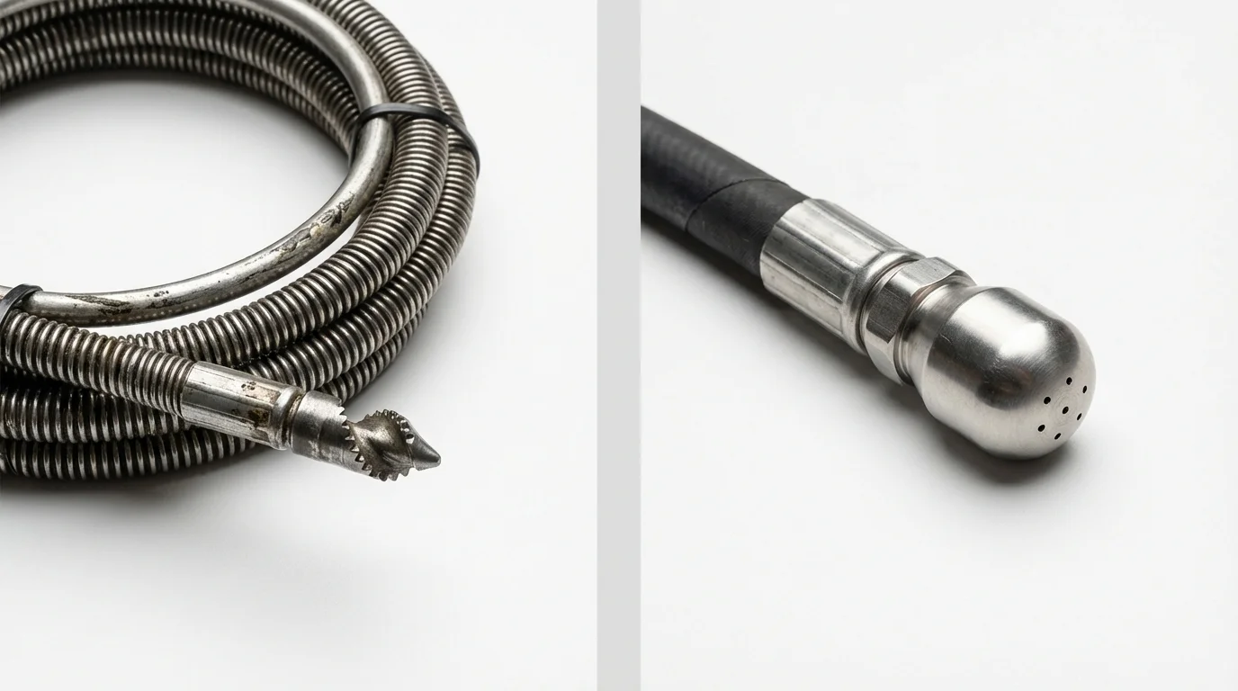 Drain snake cable and hydro jetting nozzle used for drain cleaning in Hudsonville, MI