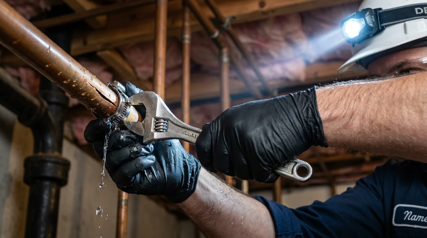 Emergency pipe clamp repair being performed by a Johns Plumbing LLC plumber in Hudsonville