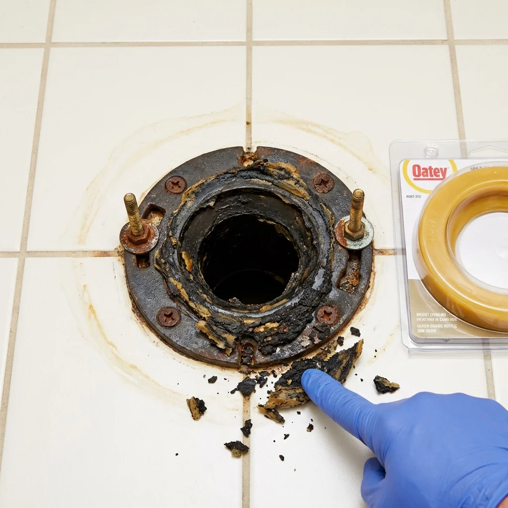 Failed wax ring showing water seepage at the base of a toilet in a Hudsonville, MI home