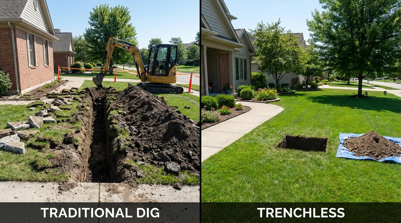 Trenchless sewer repair with minimal yard damage versus traditional excavation in Hudsonville, MI