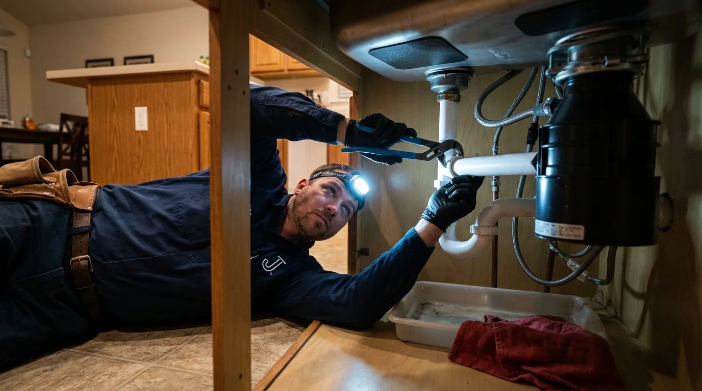 P-trap and supply line connections under a kitchen sink showing a common leak point in Hudsonville, MI
